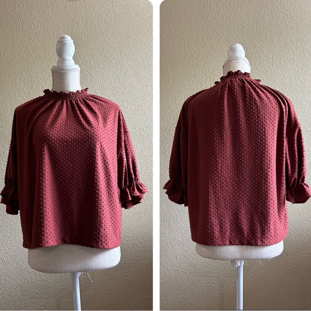 Madewell Texture and Thread Clip Dot Ruffle Maroon Blouse